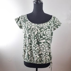 Vintage Y2K Tropical Floral Blouse Scoop Neck Bottom Tie Detail Short Sleeved